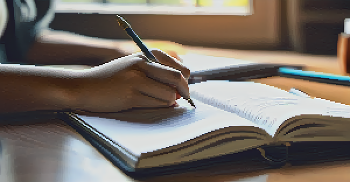 A student's hands writing in an online journal, with a digital portfolio visible on the screen in the background.