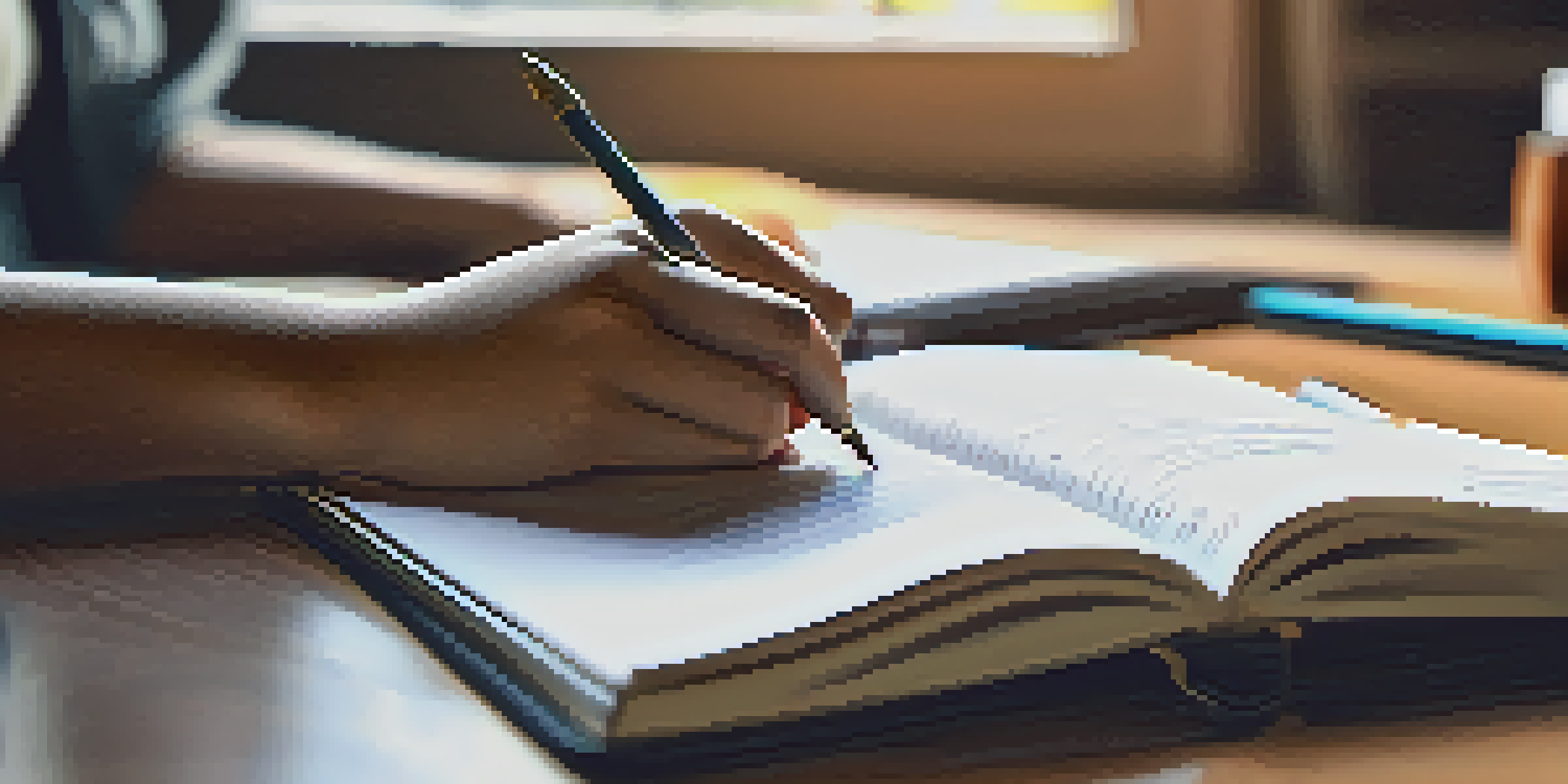 A student's hands writing in an online journal, with a digital portfolio visible on the screen in the background.
