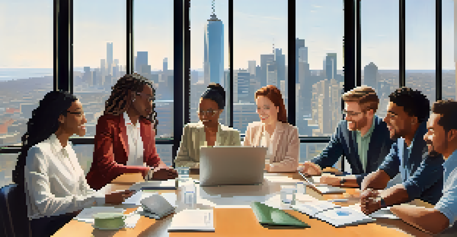 A diverse group of individuals discussing ideas in a modern conference room with a city backdrop.