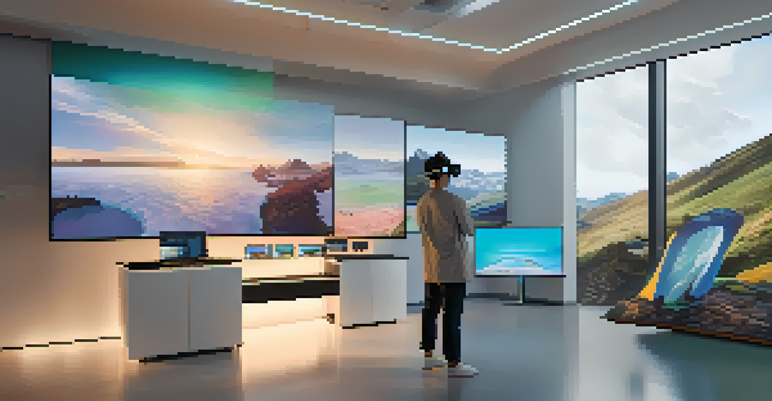 A modern clinic with a VR setup, showing a researcher watching a participant using a VR headset, surrounded by screens displaying calming landscapes.