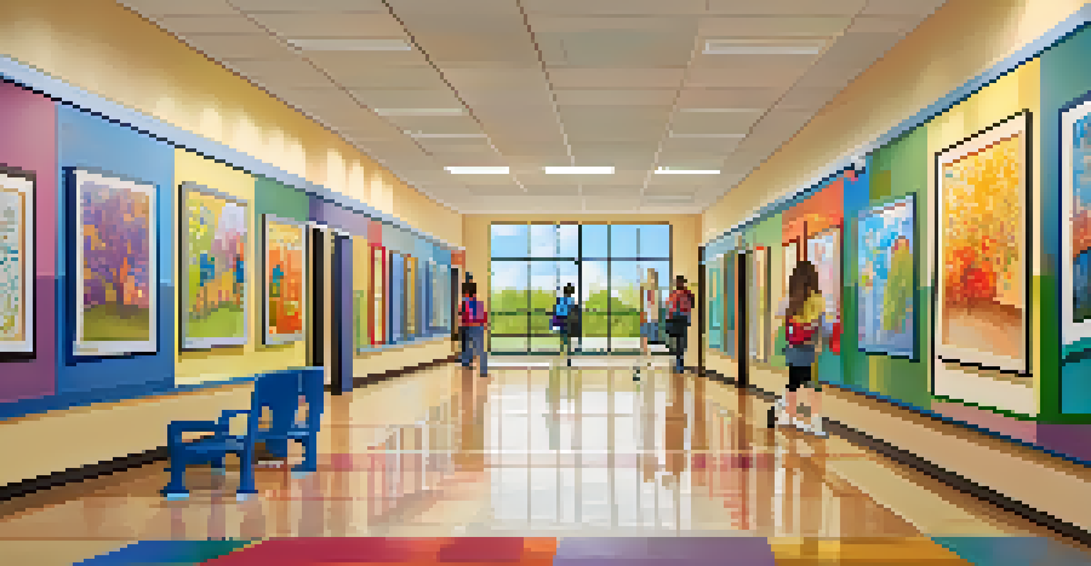 A school hallway filled with colorful student artwork and friendly staff welcoming parents.