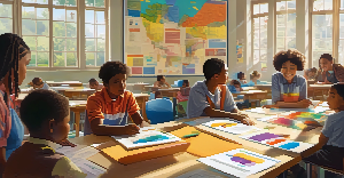 A classroom filled with diverse learners, some discussing at a table and others viewing a projector, with sunlight illuminating the space.