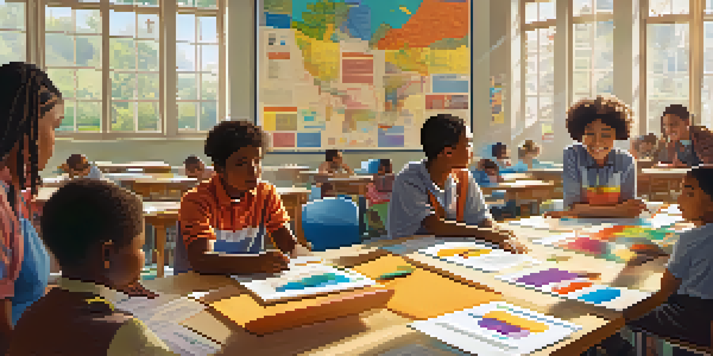 A classroom filled with diverse learners, some discussing at a table and others viewing a projector, with sunlight illuminating the space.