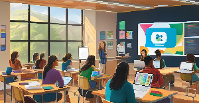 A diverse group of students engaged in a virtual classroom, with an instructor on a screen and colorful educational materials around them.