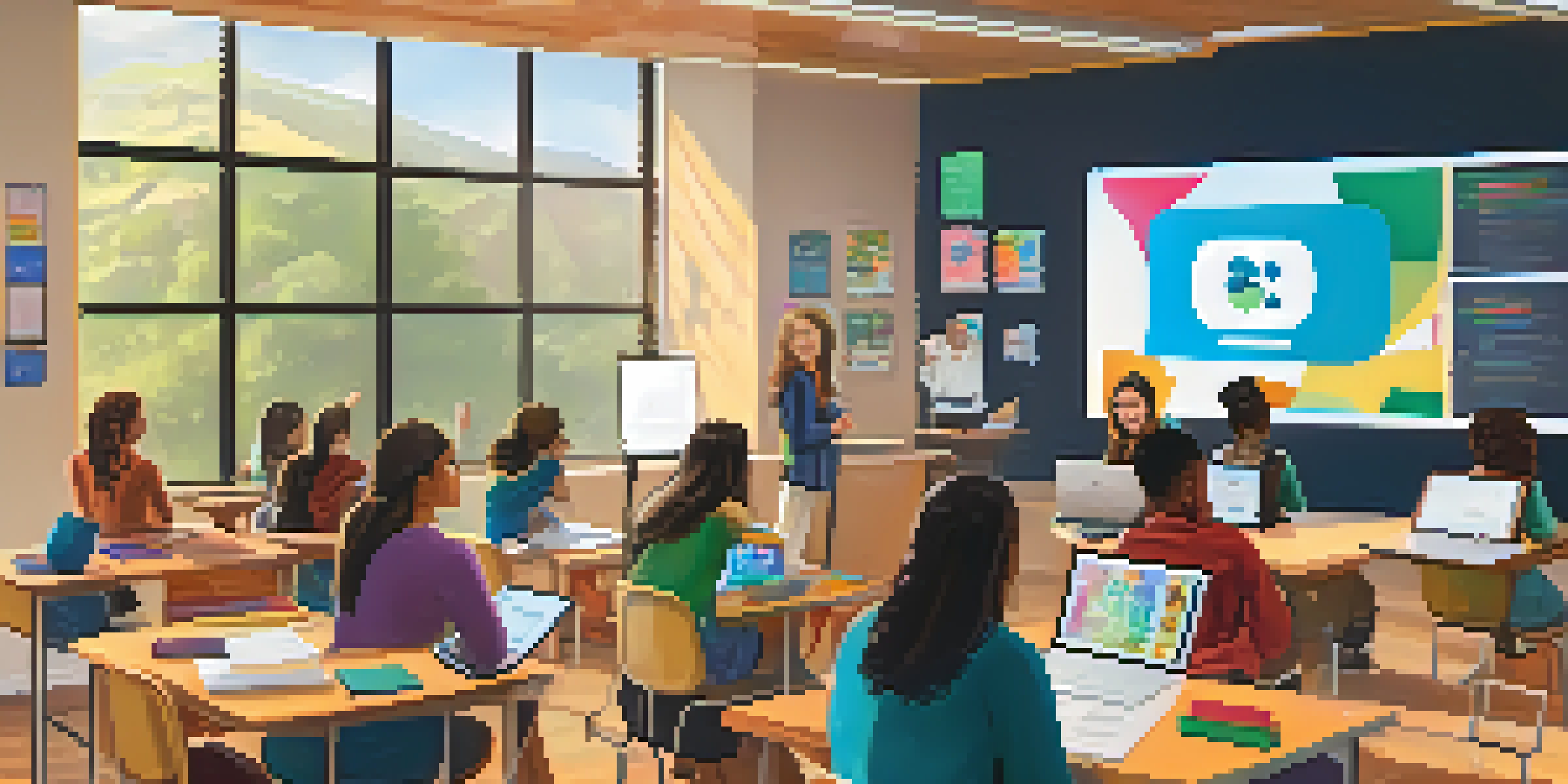 A diverse group of students engaged in a virtual classroom, with an instructor on a screen and colorful educational materials around them.