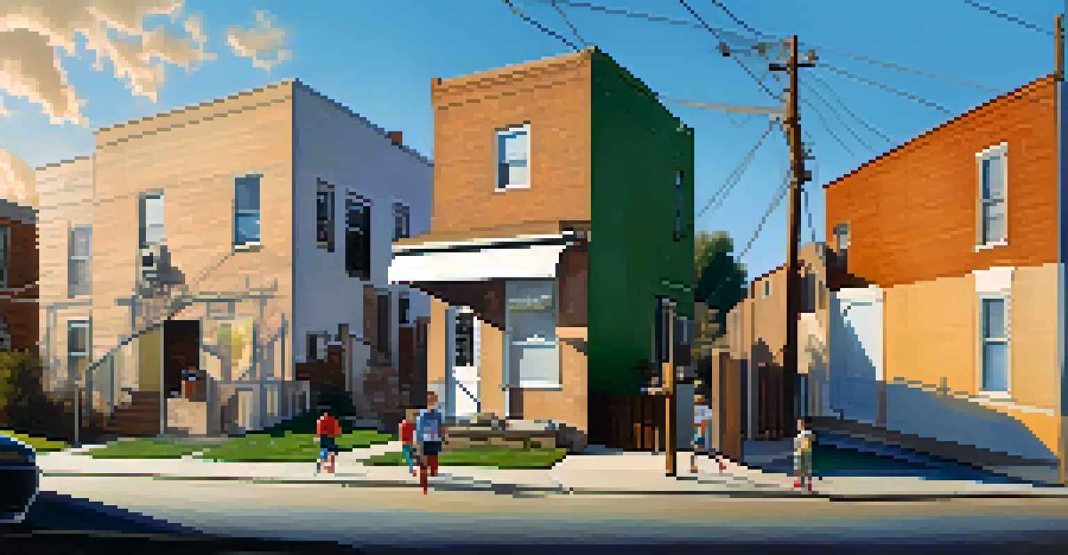 A neighborhood scene showing a modern home with technology on one side and an older building with children playing outside on the other, illustrating the disparity in digital access.