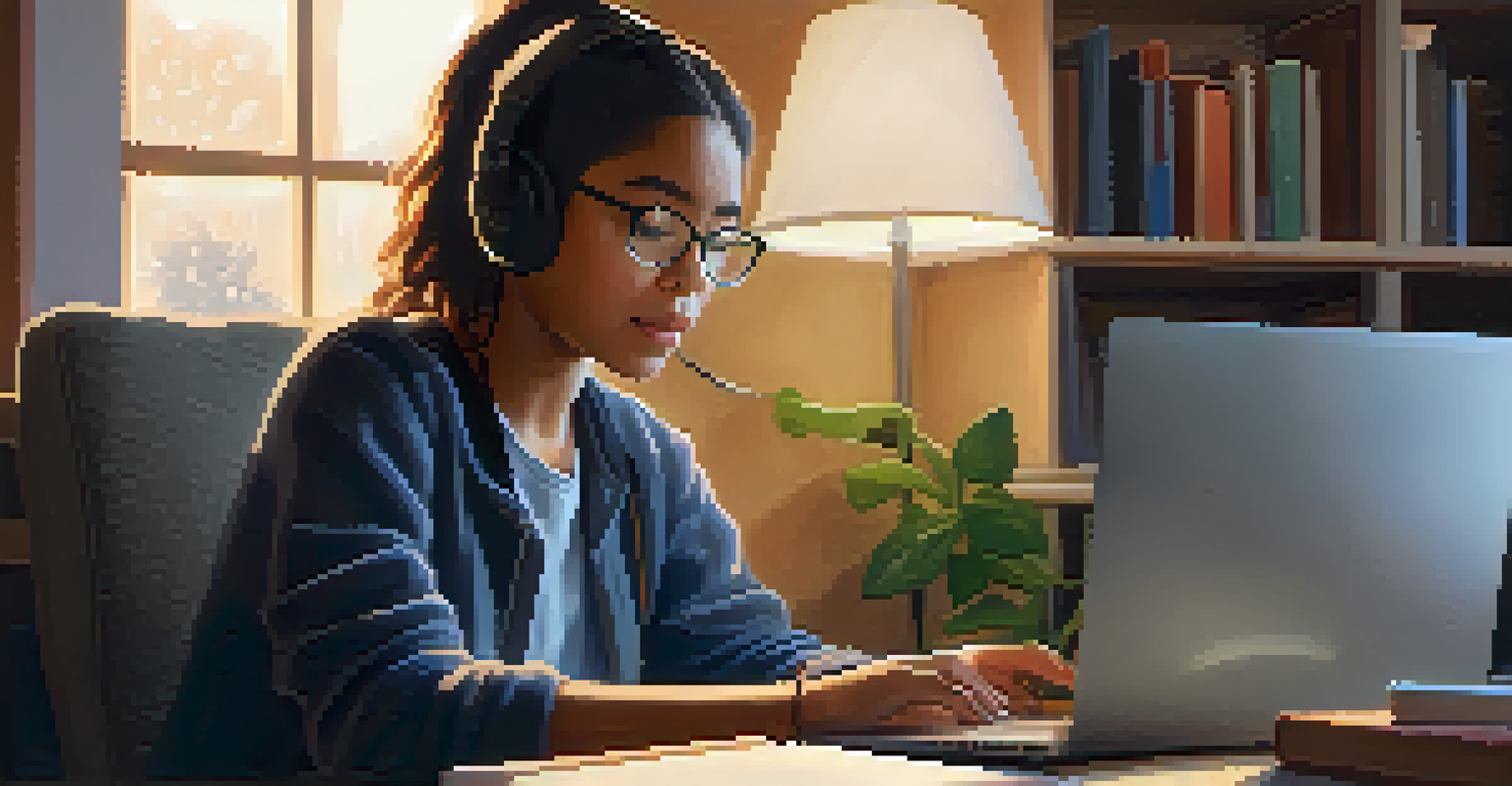 A student at home using a laptop for an online class, surrounded by books and a cozy study space with warm lighting.