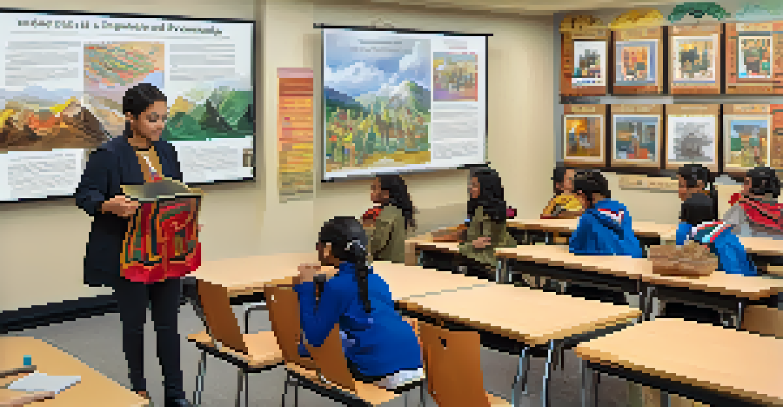 Students presenting their cultural heritage through creative displays in a classroom, with classmates listening and appreciating their presentations.
