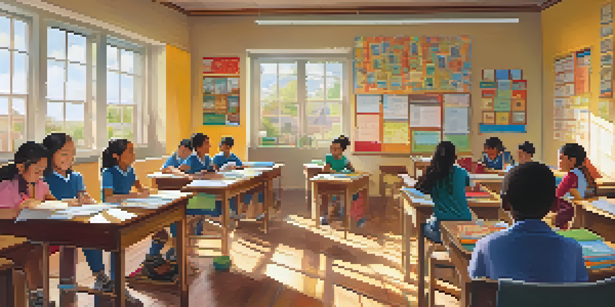 A diverse classroom with students actively participating in language learning, bright educational posters on the walls, and a teacher facilitating the lesson.