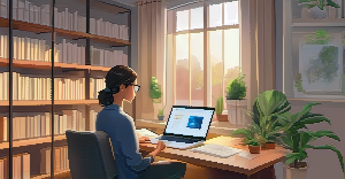 A student dressed in smart casual clothes sitting at a desk with a laptop in a tidy room, surrounded by bookshelves and a plant, illuminated by warm lighting.