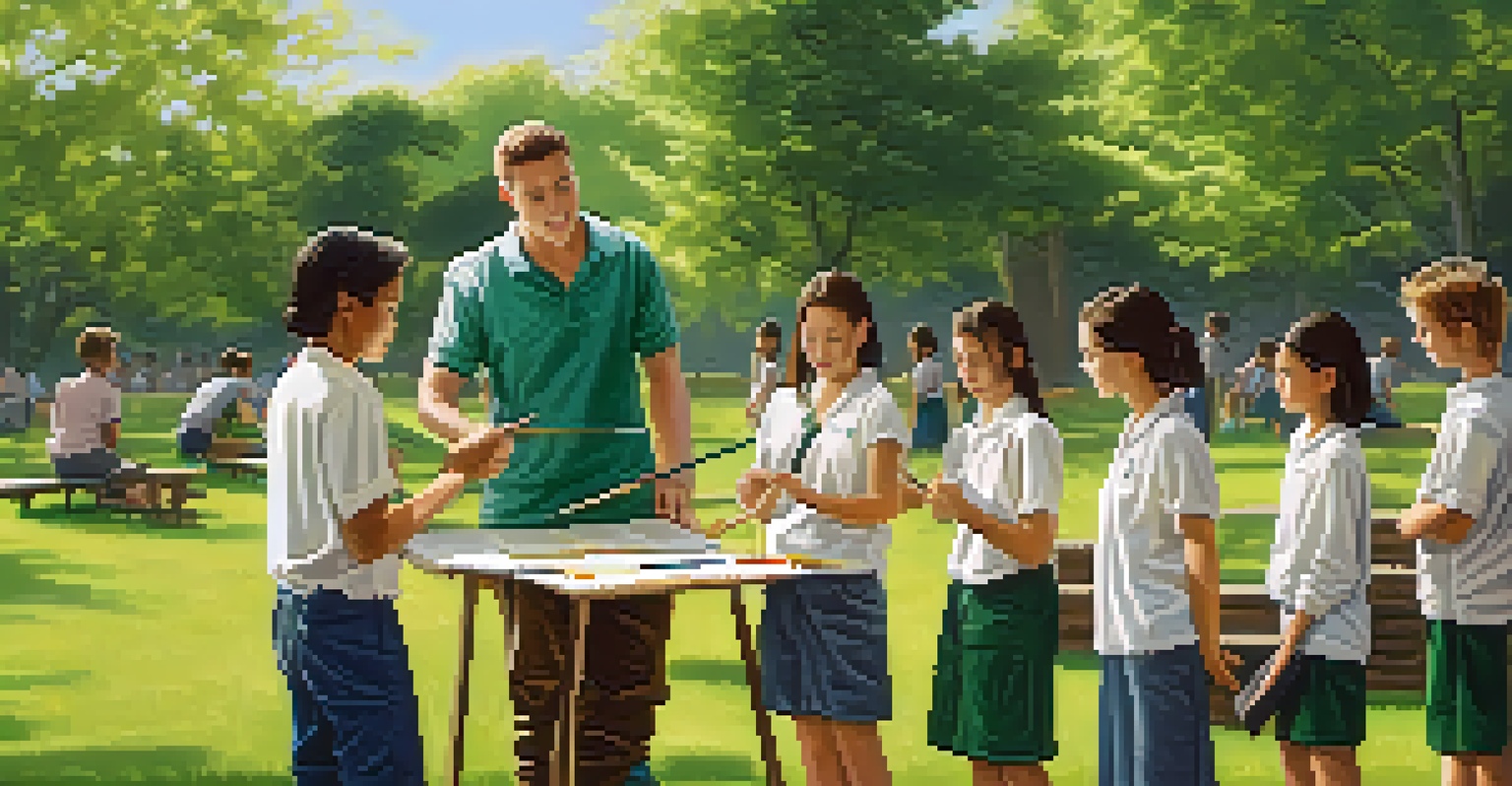 A mentor demonstrating a technique to a group of attentive students in an outdoor skill training session under the sun.
