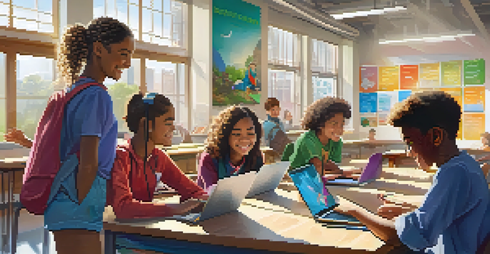 A colorful classroom filled with diverse students working together on a project with laptops and tablets, illuminated by sunlight through large windows.