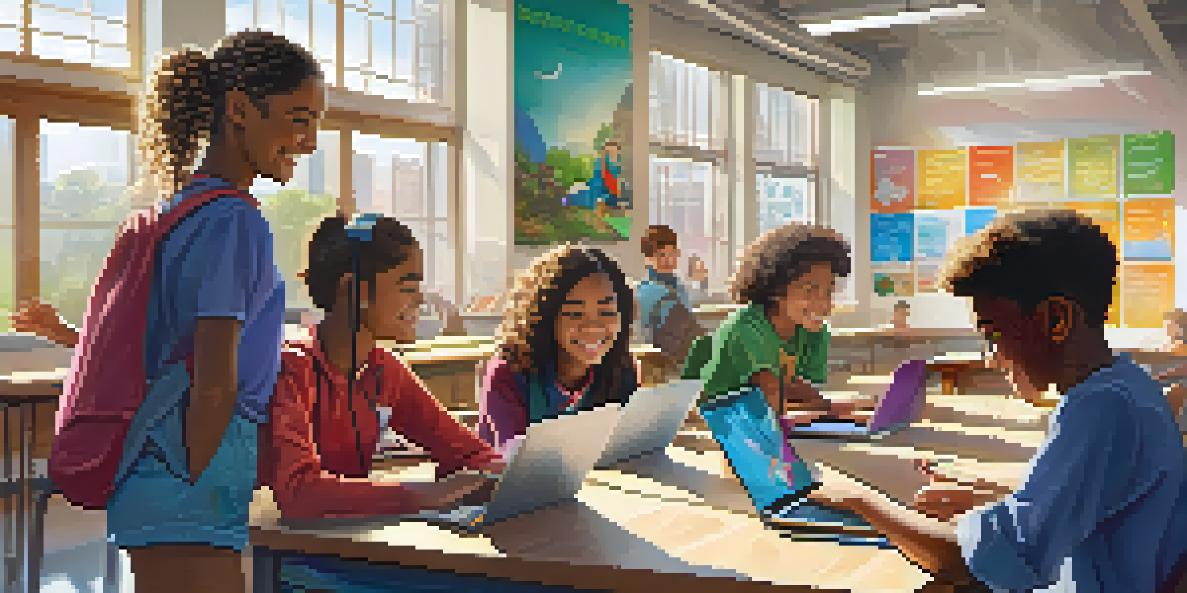 A colorful classroom filled with diverse students working together on a project with laptops and tablets, illuminated by sunlight through large windows.