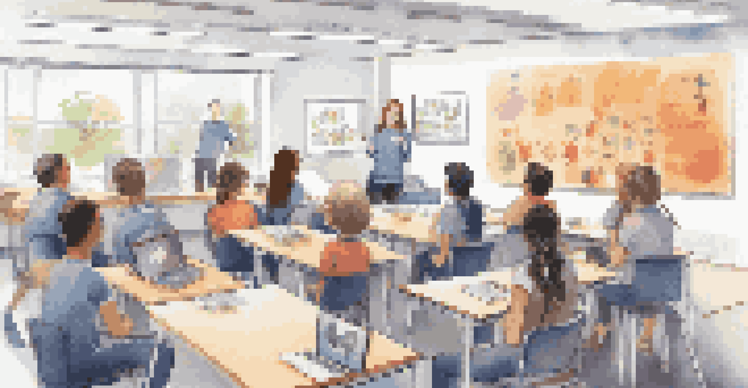 A student leading a technology training workshop in a bright classroom with engaged peers.