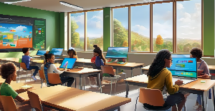 A diverse group of students using digital devices in a bright and modern classroom with a teacher observing.