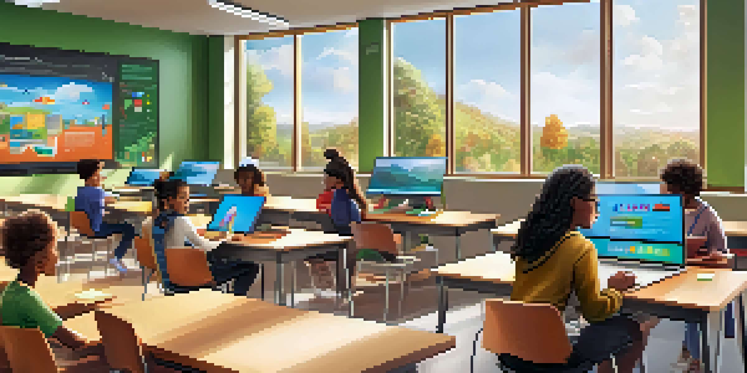 A diverse group of students using digital devices in a bright and modern classroom with a teacher observing.