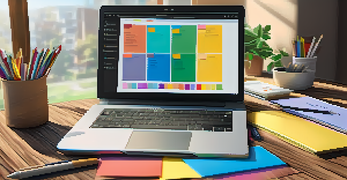 A laptop on a wooden desk showing a digital assessment tool, with colorful stationery around it and natural light coming from a window.