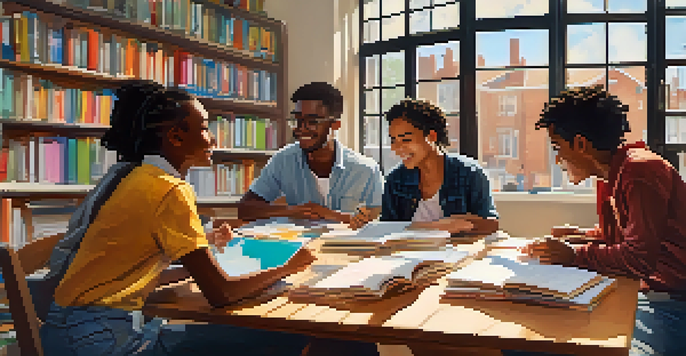 A diverse group of students collaborating in a peer learning session, surrounded by books and laptops, in a brightly lit room.