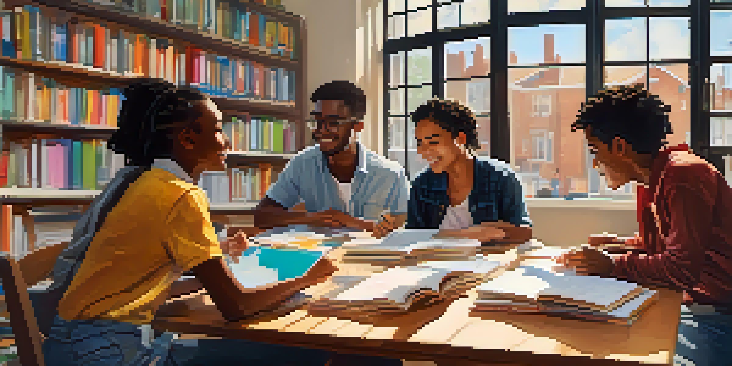 A diverse group of students collaborating in a peer learning session, surrounded by books and laptops, in a brightly lit room.
