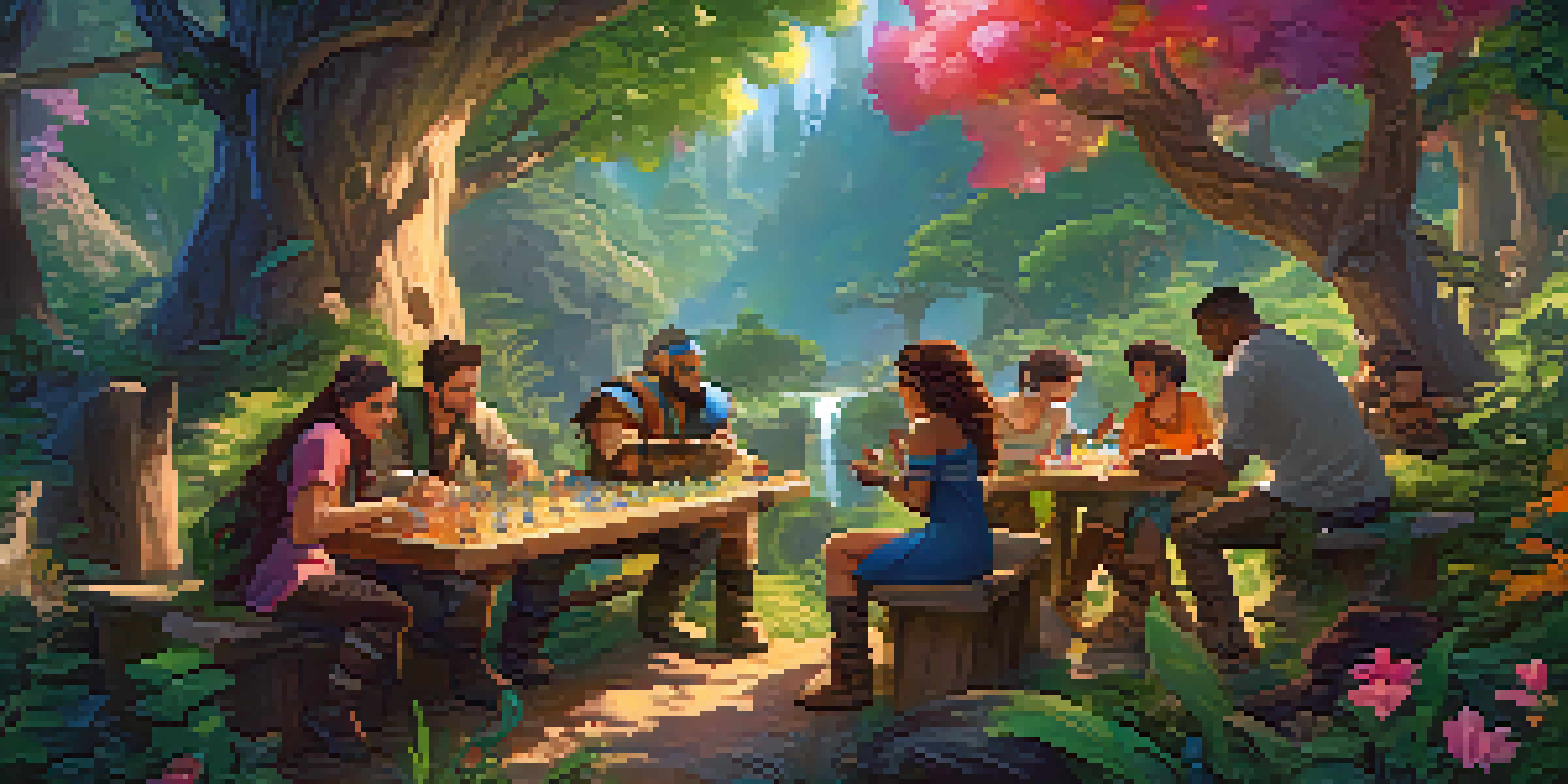 A diverse group of gamers collaborating in a colorful fantasy game setting, surrounded by lush forests and magical creatures.