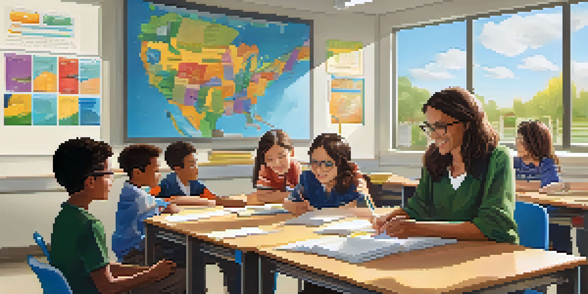 A teacher in a bright classroom interacting with diverse students, promoting a supportive learning environment.