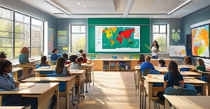 A vibrant classroom scene with students collaborating on digital devices, guided by an educator near a smart board.