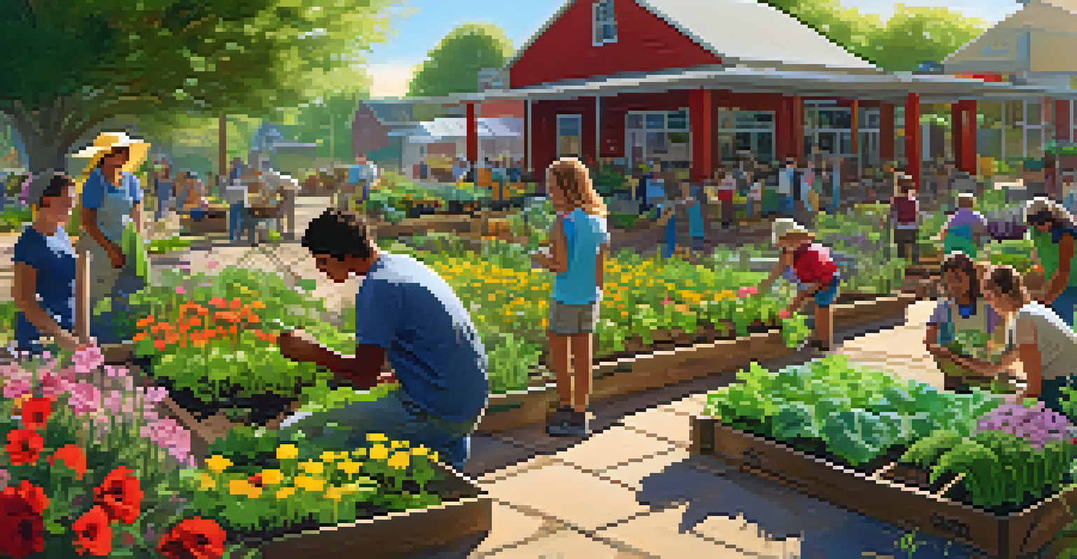 Students learning about sustainable farming in a colorful community garden, guided by a local farmer while planting seeds and tending to vegetables.