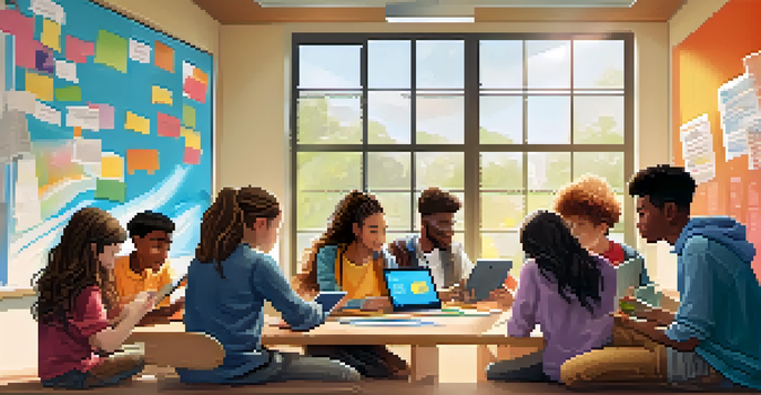 A group of diverse students working together on a project using mobile learning apps in a bright classroom.