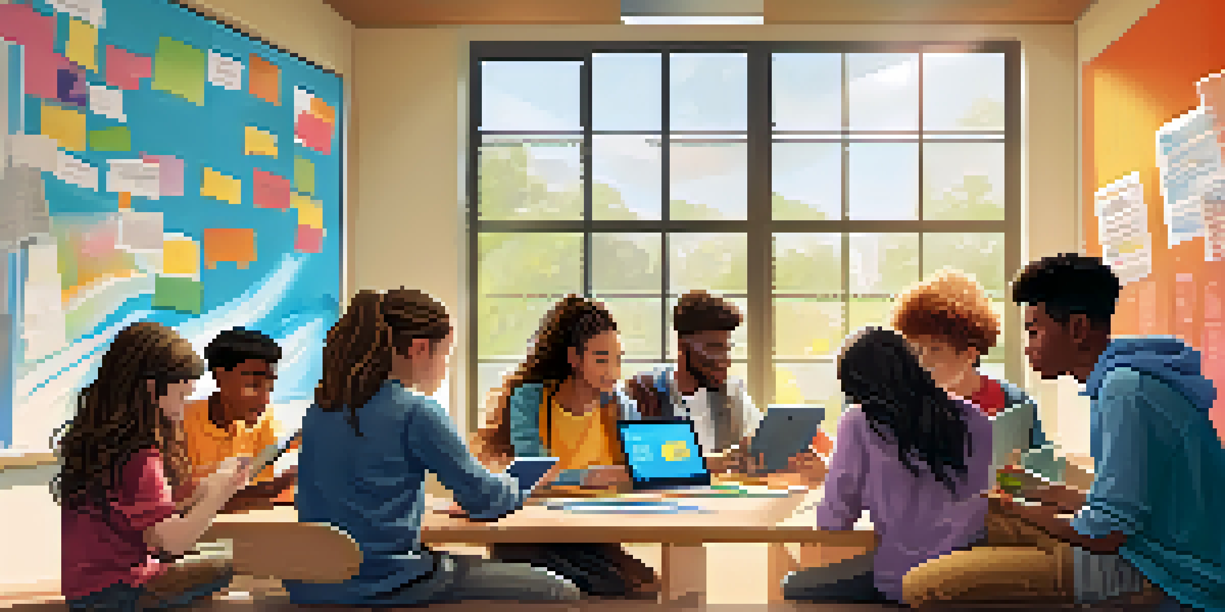 A group of diverse students working together on a project using mobile learning apps in a bright classroom.