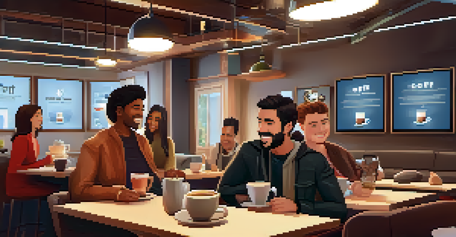 A cozy virtual café scene where team members are casually chatting with coffee mugs, surrounded by warm lighting and fun digital graphics on a screen.