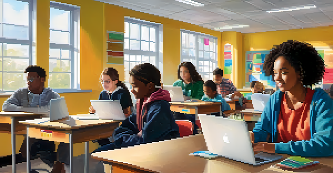 A vibrant classroom with diverse students using laptops and engaging in discussions, highlighting an inclusive blended learning environment.