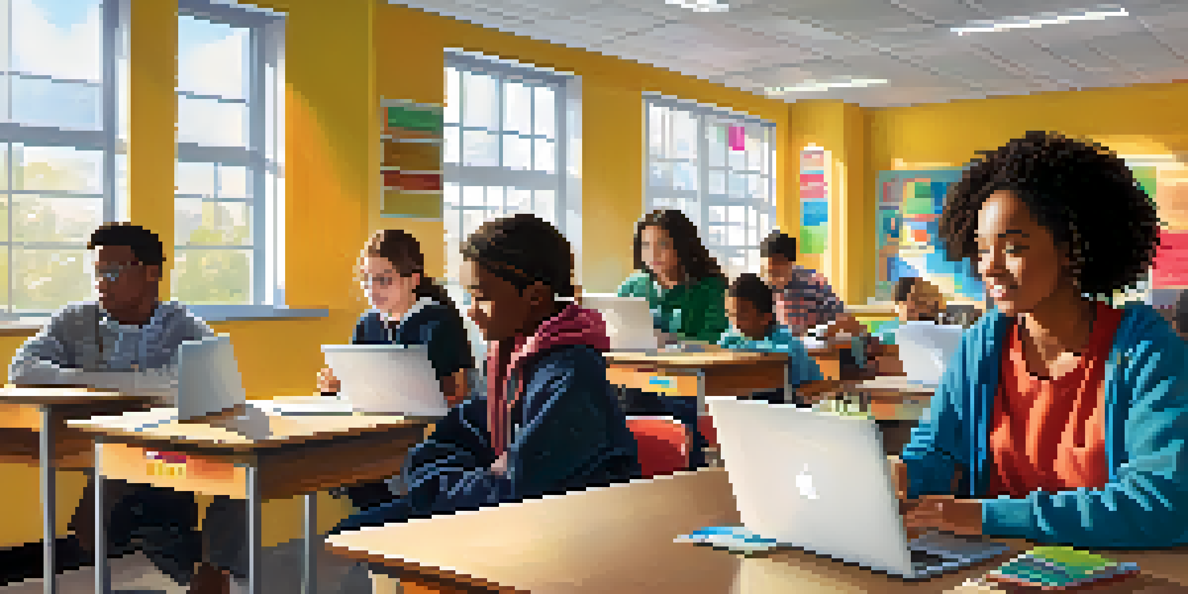 A vibrant classroom with diverse students using laptops and engaging in discussions, highlighting an inclusive blended learning environment.