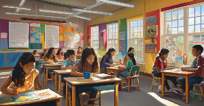 A diverse group of students in a brightly lit classroom, collaborating on a project surrounded by cultural artifacts.