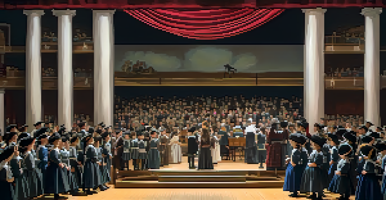 Students in historical costumes performing a play on stage in a school auditorium, with an engaged audience.