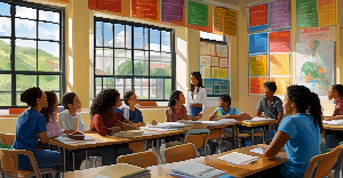 A diverse group of students in a classroom discussing together, with cultural posters on the walls and a teacher facilitating the conversation.