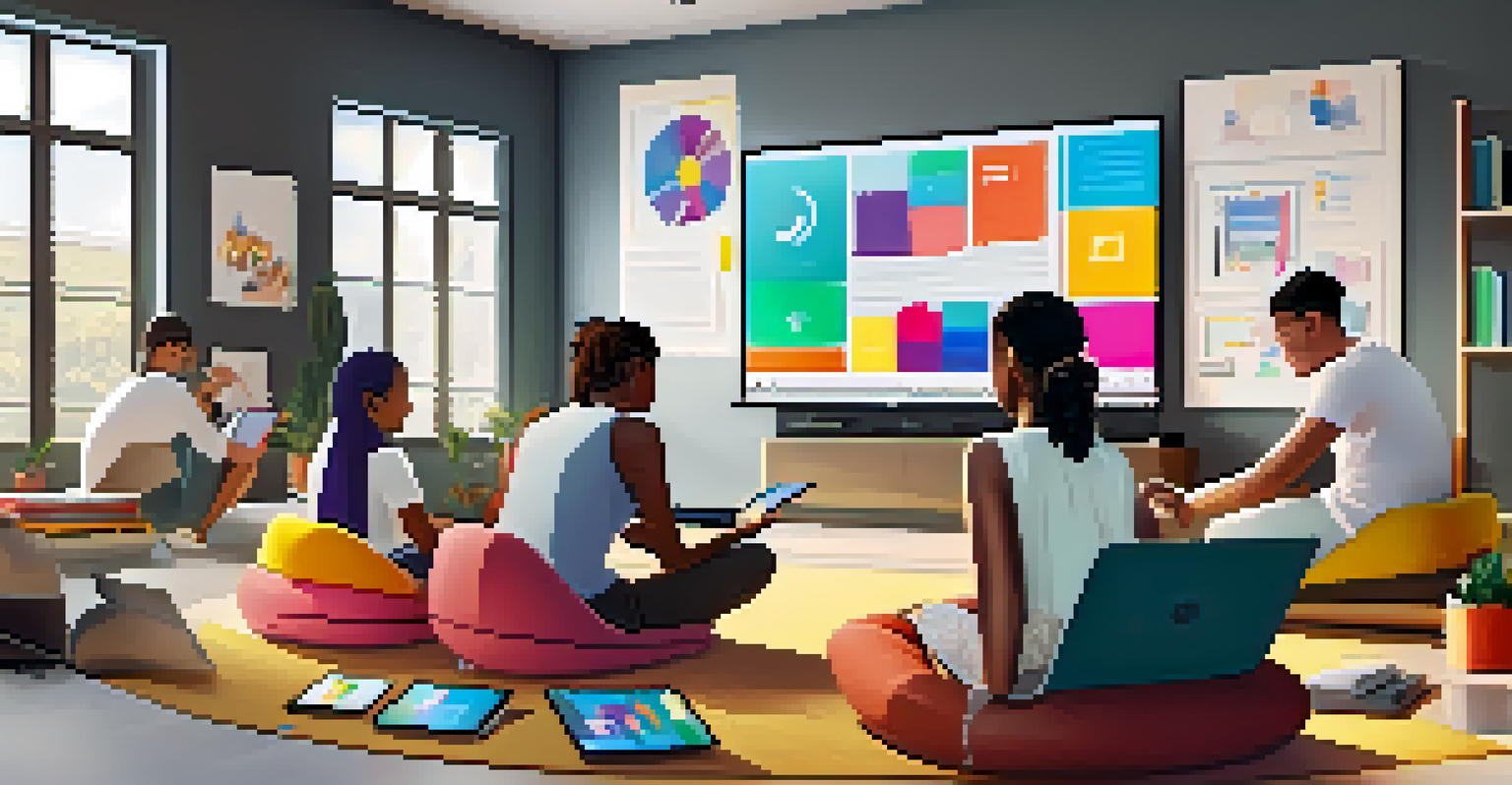 A group of diverse students in a modern living room, using various devices for online learning with a virtual classroom displayed on a large screen.