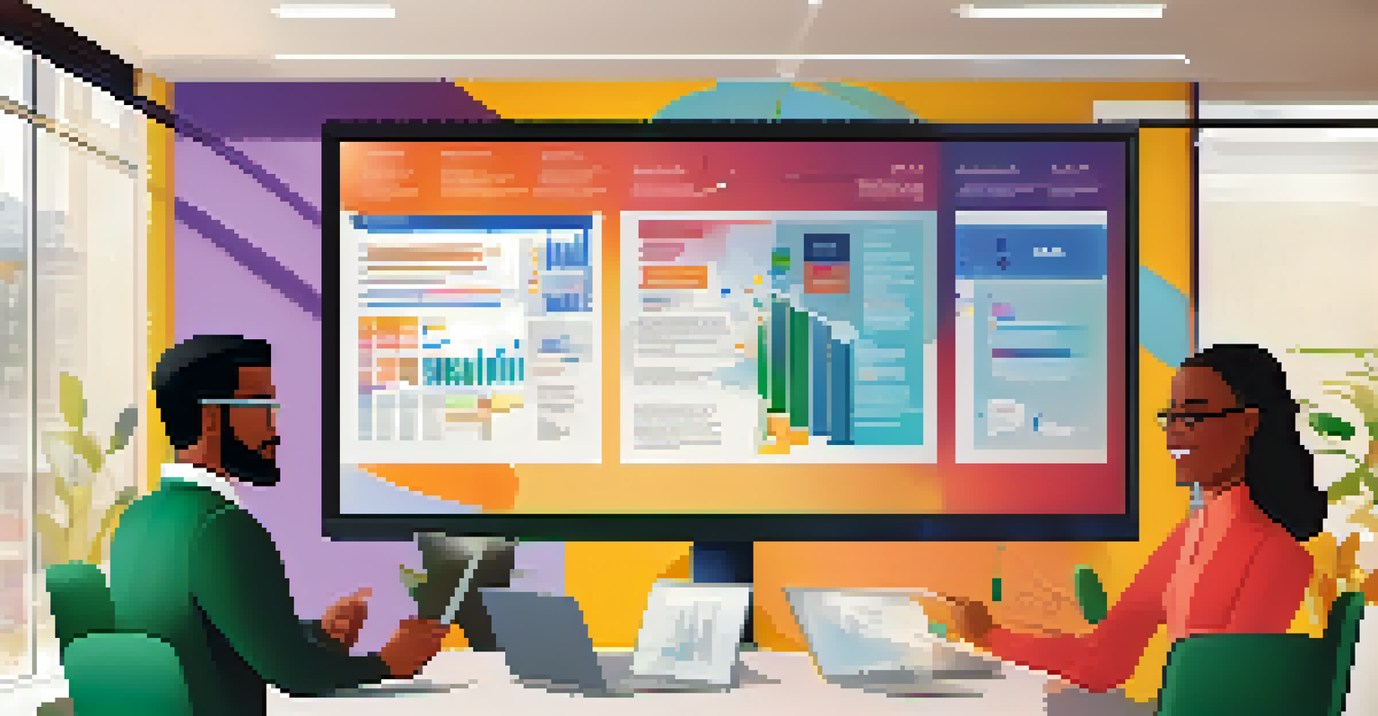 A marketing team discussing ideas while using a project management tool on a large screen in a contemporary office.