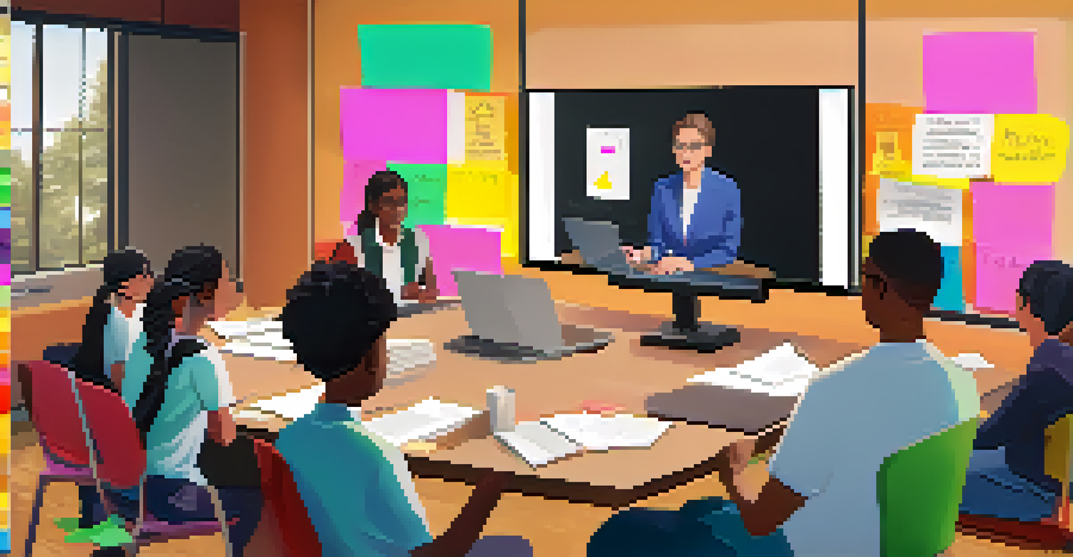 A teacher assisting students in a virtual collaboration session, with a large screen showing their discussion, surrounded by colorful notes and a laptop.