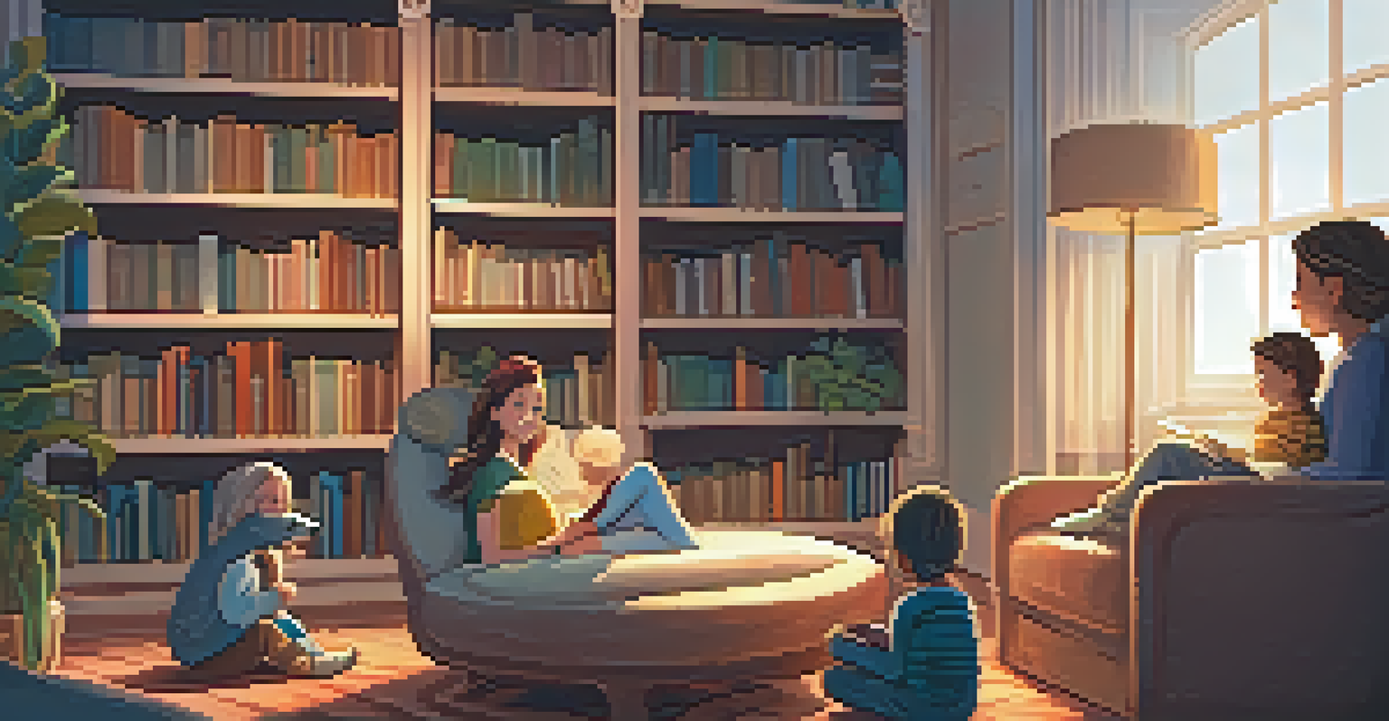 A warm reading nook where a caregiver reads to children, showcasing their engagement and excitement in a cozy atmosphere.