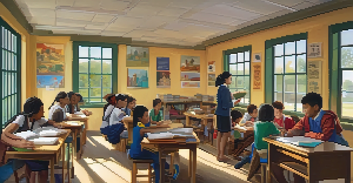 A teacher working with students from different cultures in a bright classroom, surrounded by cultural decorations and collaborative activities.