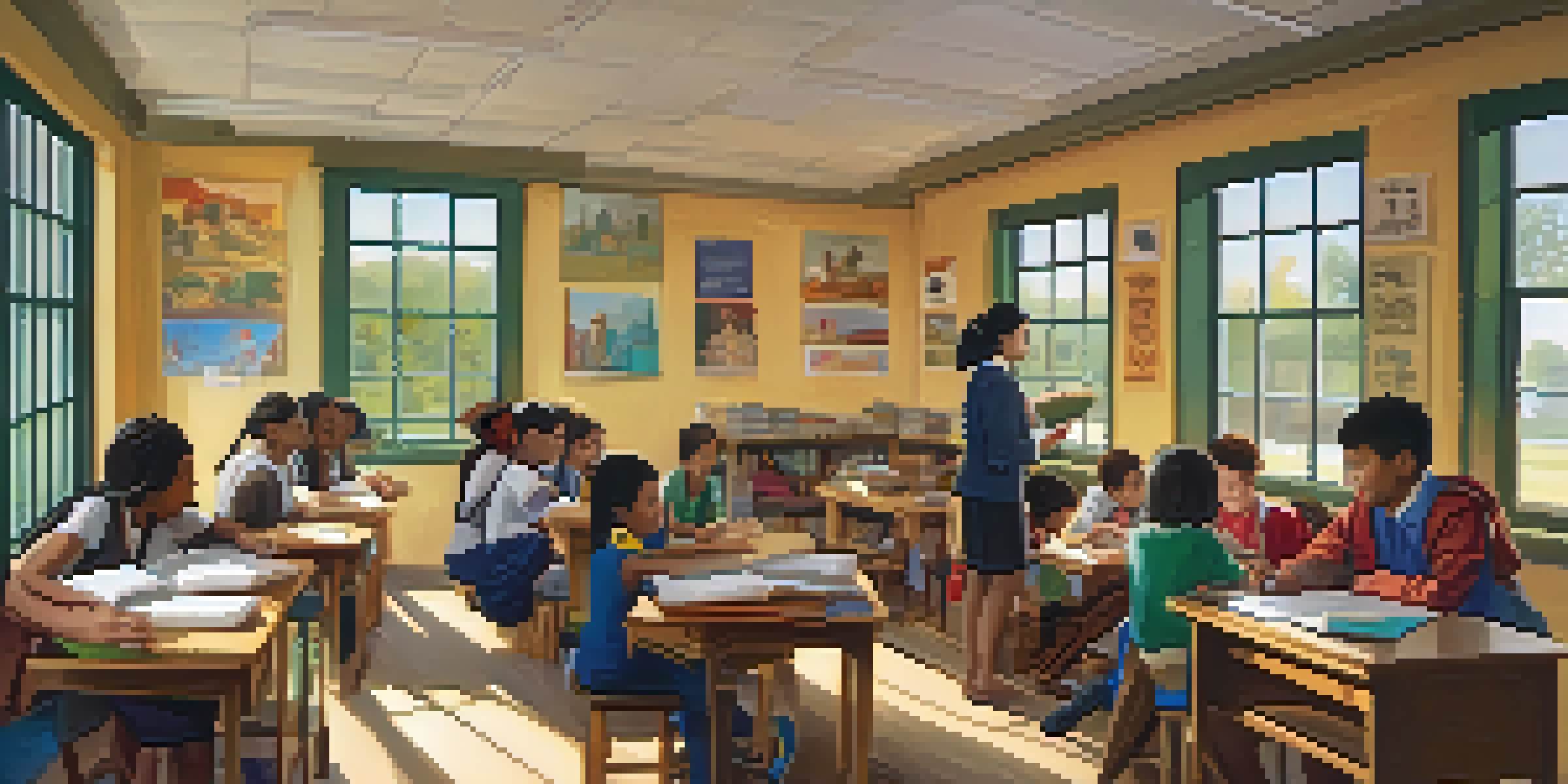 A teacher working with students from different cultures in a bright classroom, surrounded by cultural decorations and collaborative activities.