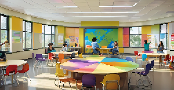 A vibrant classroom with circular seating, students collaborating in groups, and colorful student artwork on the walls.