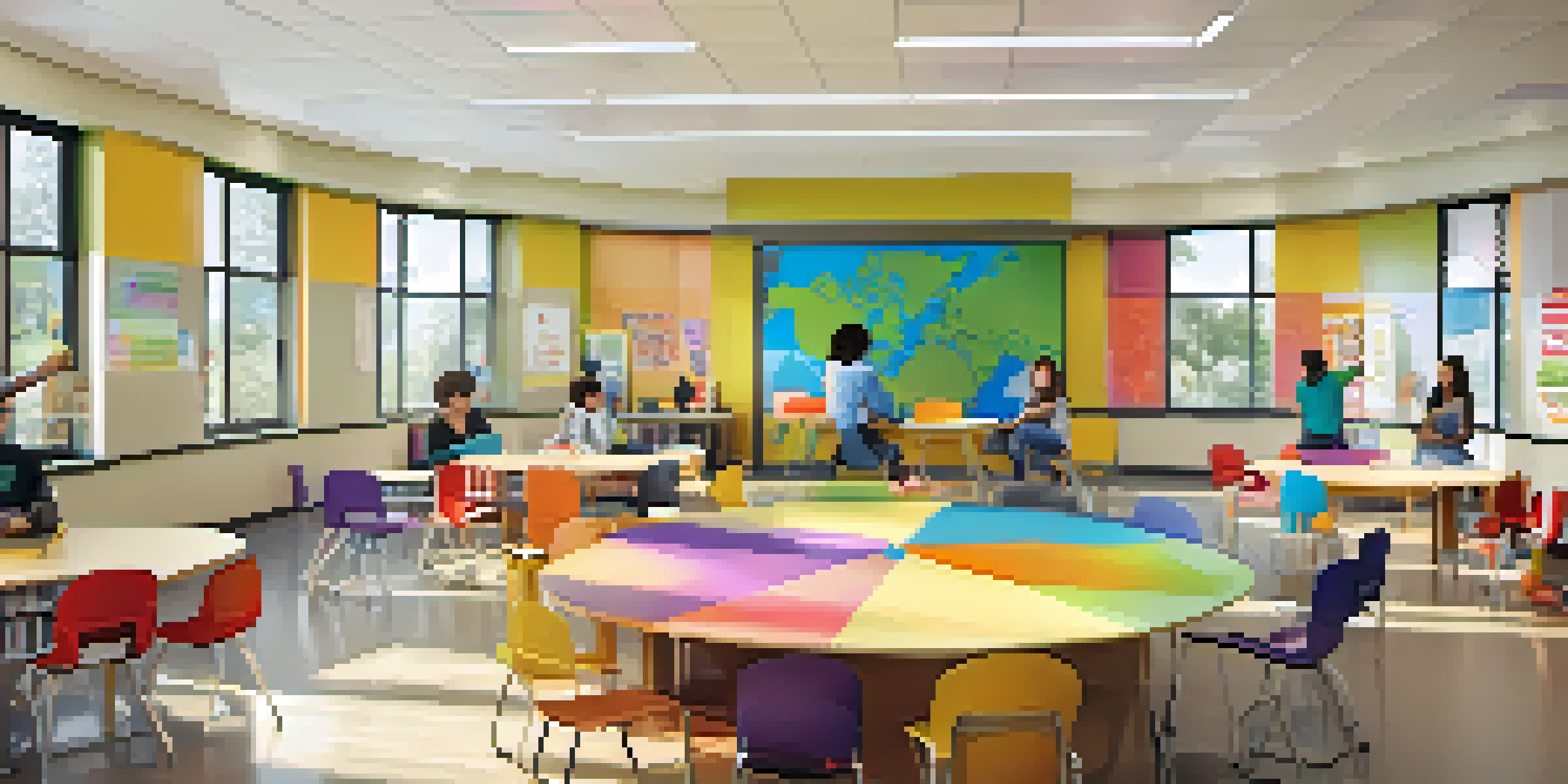 A vibrant classroom with circular seating, students collaborating in groups, and colorful student artwork on the walls.