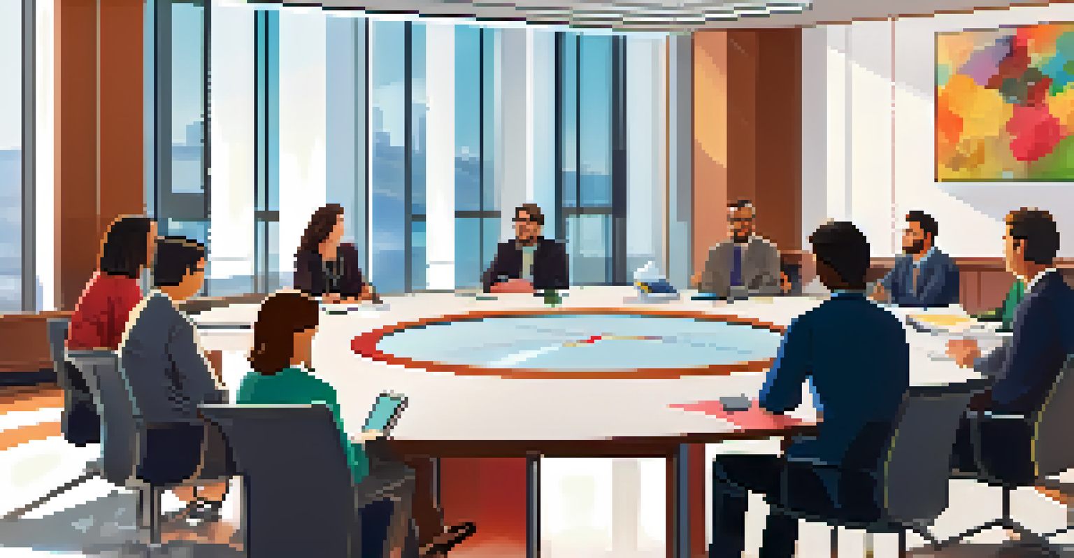 A diverse group of educators, policymakers, and tech developers engaged in a collaborative meeting in a bright conference room, with a presentation on AI in education displayed on a large screen.