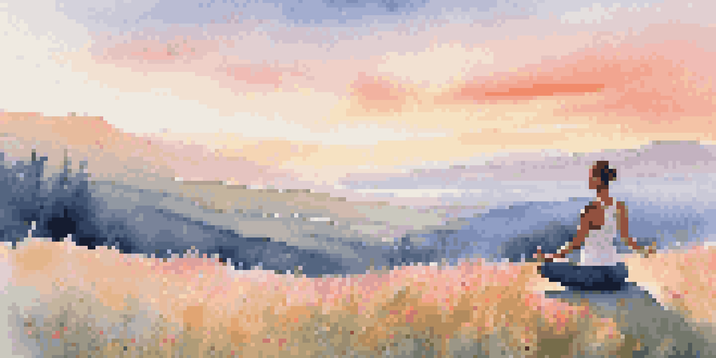 A person practicing yoga on a grassy hilltop at sunrise, surrounded by wildflowers and mountains in the background.