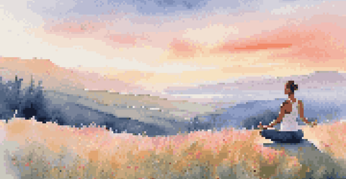 A person practicing yoga on a grassy hilltop at sunrise, surrounded by wildflowers and mountains in the background.