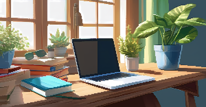 A peaceful workspace with a wooden desk, a laptop, colorful books, and a green potted plant, illuminated by natural light.