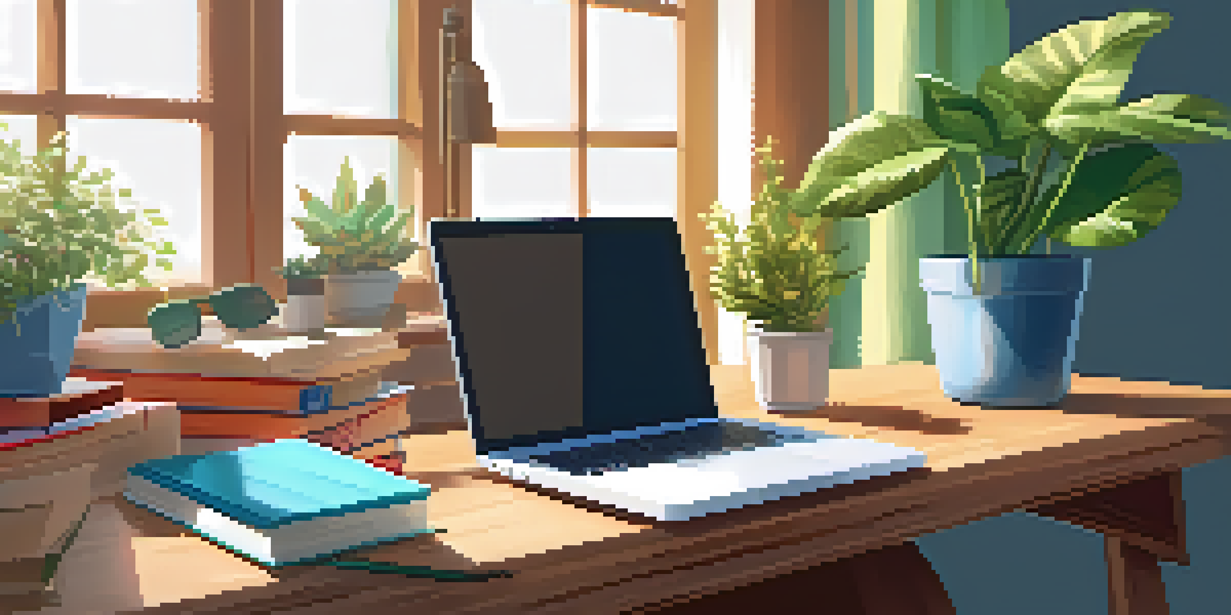 A peaceful workspace with a wooden desk, a laptop, colorful books, and a green potted plant, illuminated by natural light.