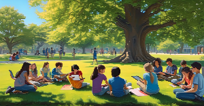 A peaceful outdoor setting with students of different abilities using tablets, surrounded by greenery and flowers, showcasing inclusivity in an educational environment.