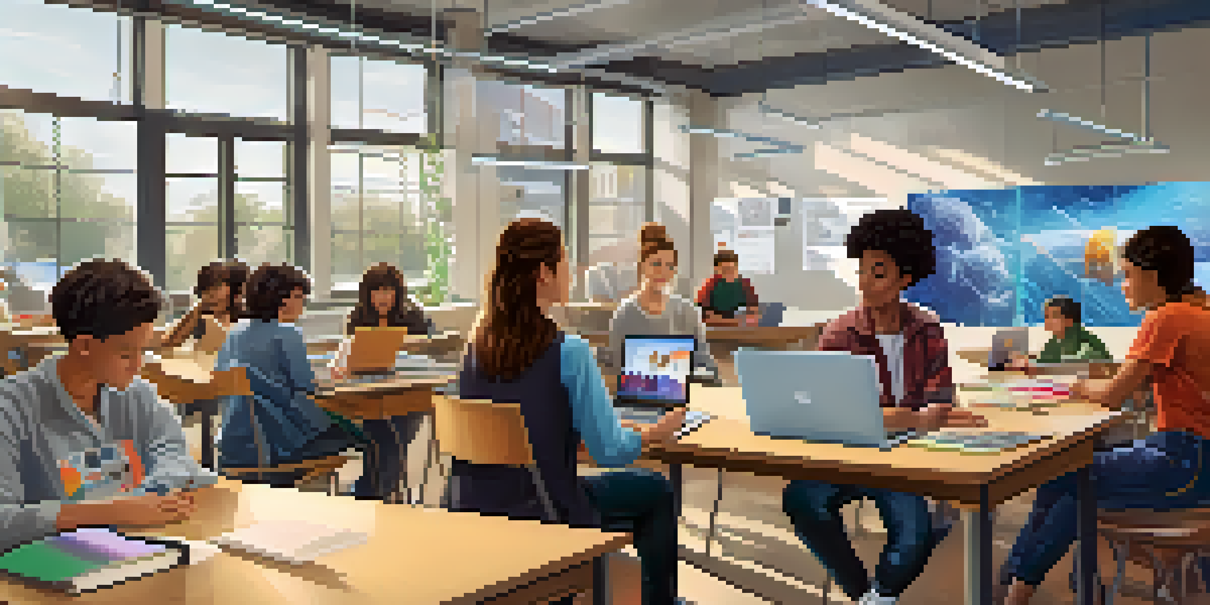 A diverse group of students collaborating in a bright classroom using laptops with AI tools, surrounded by educational posters.